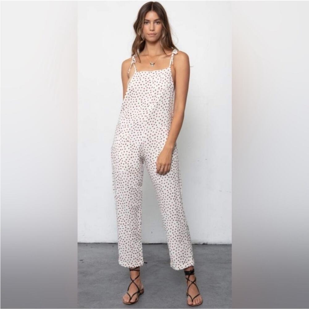 Stillwater Beachy Overalls Jumpsuit Sz XS Linen Blend Polka Dot Print USA Beachy